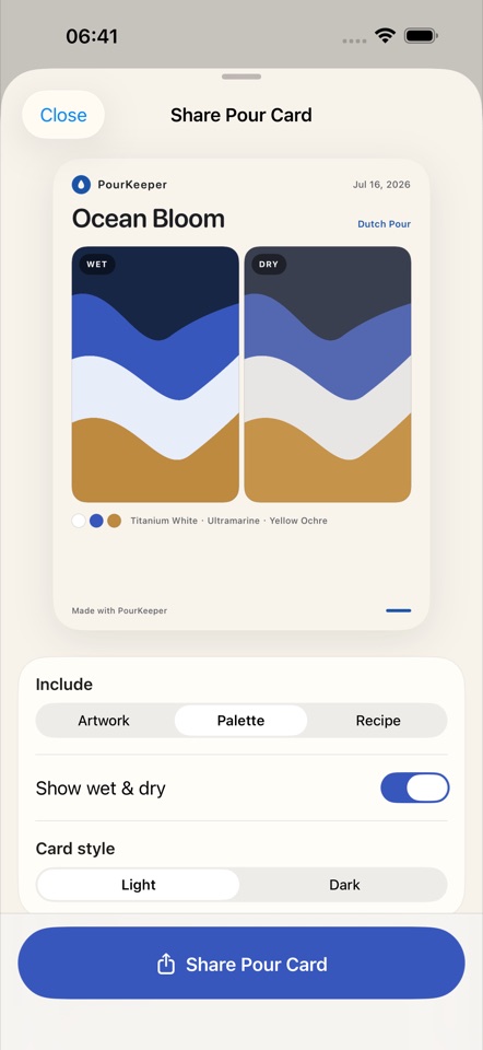 PourKeeper Pour Card preview with selected acrylic pour details