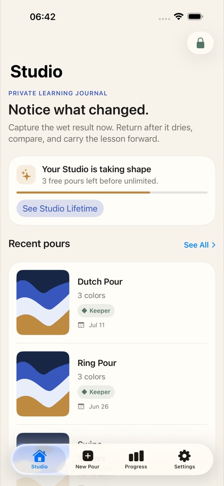 PourKeeper Studio showing recent acrylic pours and private learning prompts